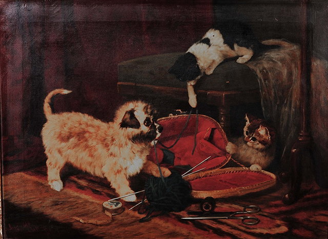 Appraisal: Arthur Batt British - A puppy and two kittens playing