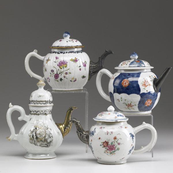 Appraisal: CHINESE EXPORT Group of four teapots all with silver spouts