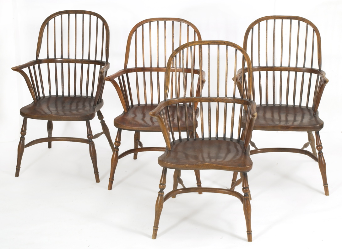 Appraisal: FOUR ANTIQUE ENGLISH BOWBACK WINDSOR ARMCHAIRS In oak or ash