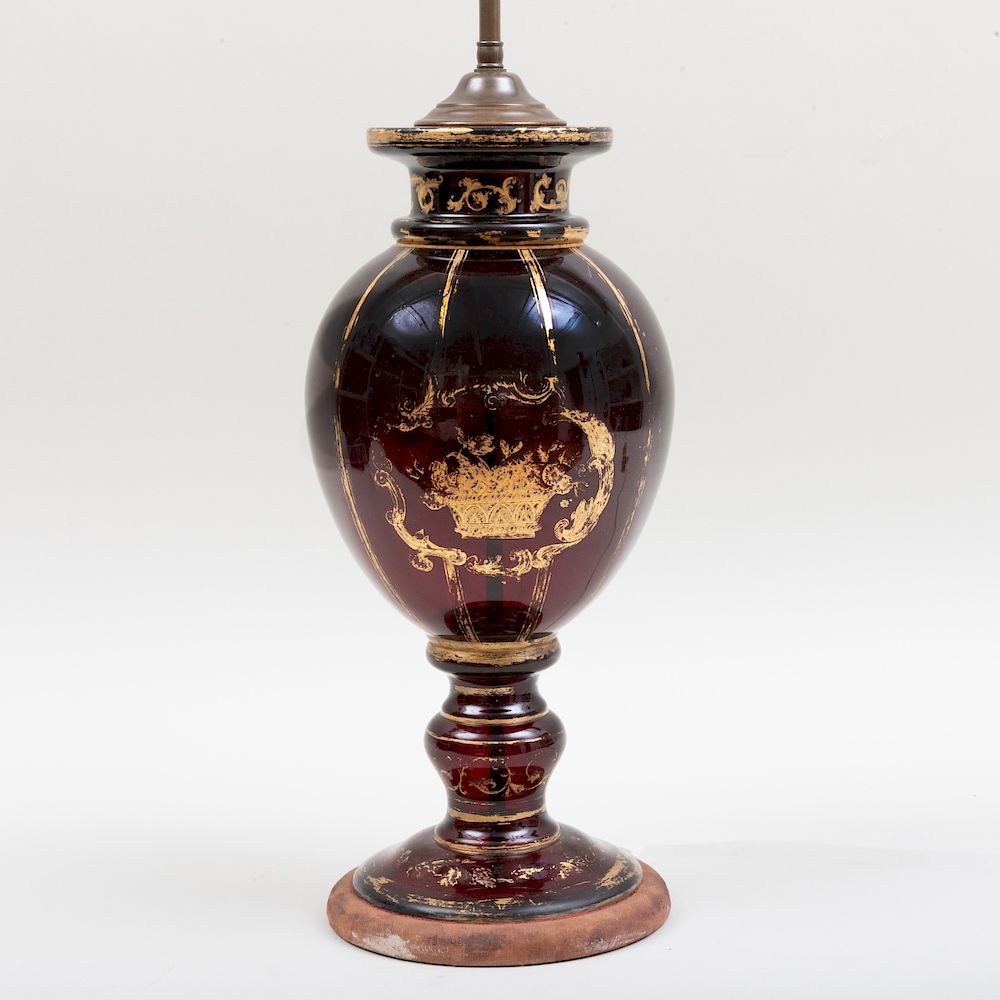 Appraisal: Continental Gilt Decorated Ruby Glass Lamp Vase in overall x