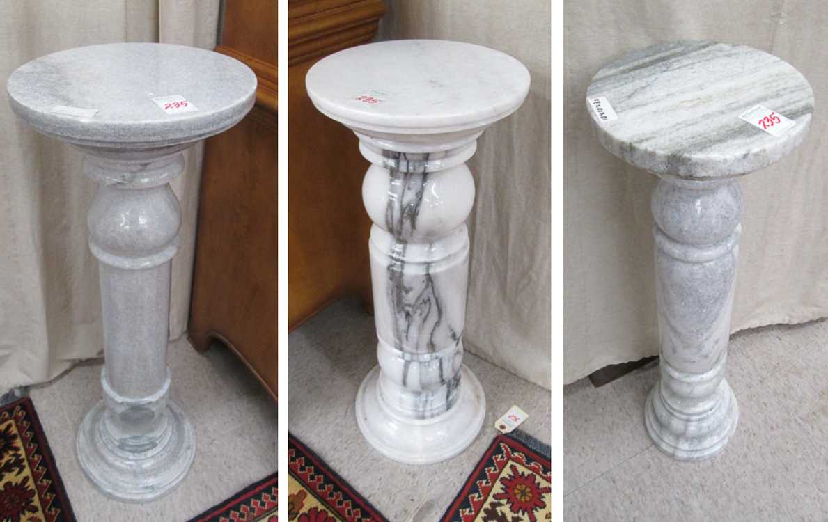 Appraisal: THREE CARARRA MARBLE PEDESTALS all white gray marble including round