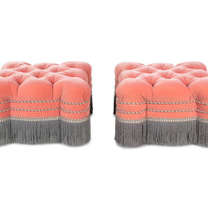 Appraisal: A Pair of Button Tufted Velvet Upholstered Ottomans with Bullion