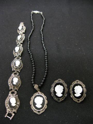 Appraisal: Sterling Silver Cameo Bracelet Necklace Earrings carved mother-of-pearl portraits of