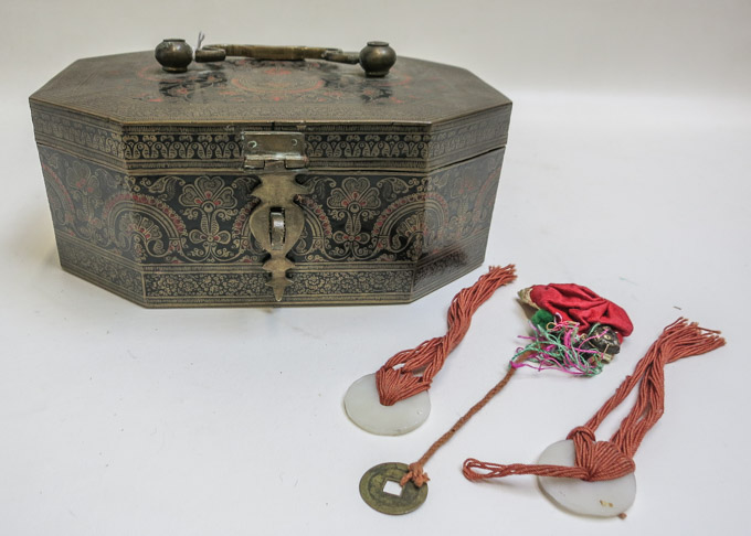 Appraisal: CHINESE METAL HINGE-TOP BOX of octagonal form with bail handle