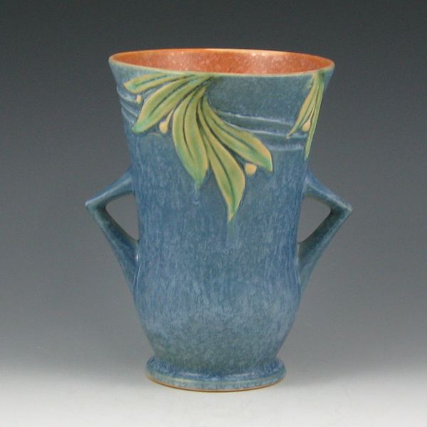 Appraisal: Roseville Velmoss - vase in blue with green leaves Excellent