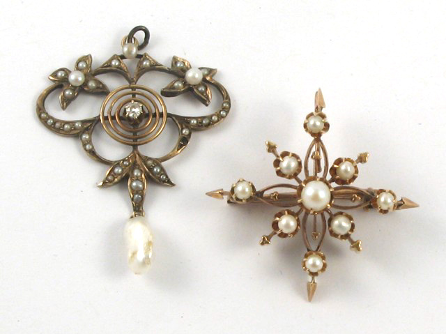 Appraisal: TWO SEED PEARL AND YELLOW GOLD BROOCHES both k yellow