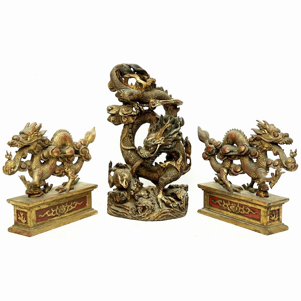 Appraisal: Three Large Chinese Gilt Wood Dragon Carvings Three Large Chinese