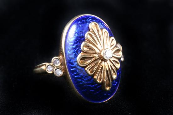 Appraisal: K YELLOW GOLD DIAMOND AND COBALT ENAMEL RING Diamond oval