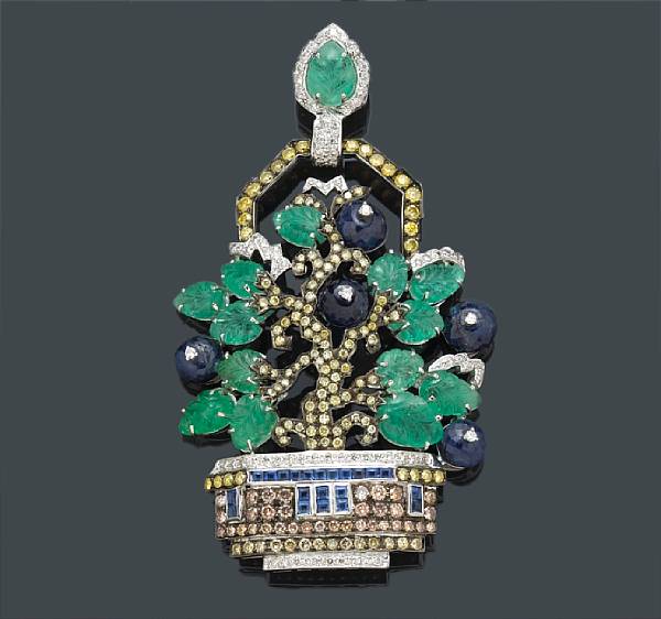 Appraisal: An emerald sapphire colored diamond and diamond potted tree motif