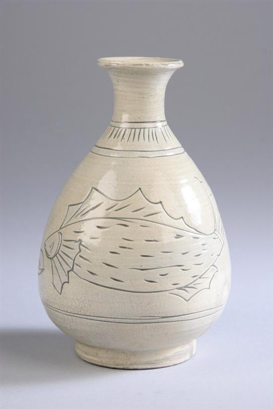 Appraisal: KOREAN PUNCH'ONG STONEWARE BOTTLE Choson Dynasty Pear-form with incised fish