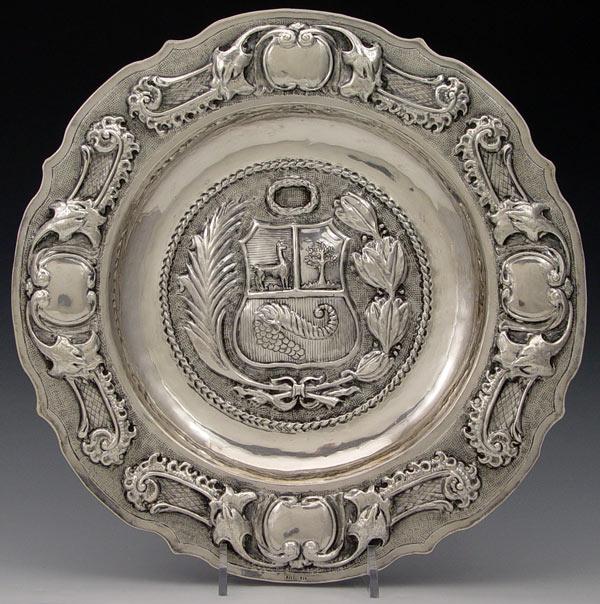 Appraisal: STERLING HERALDIC TRAY Embossed design with heraldic crest featuring deer