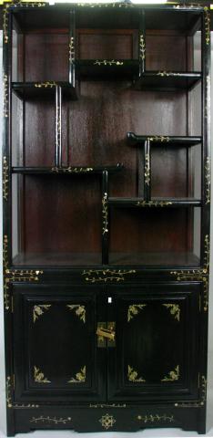 Appraisal: Chinoiserie Black Lacquered Curio Cabinet open front with glass sides