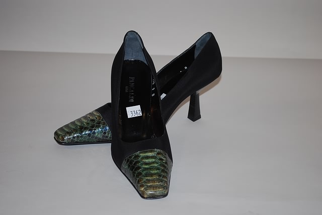 Appraisal: Pancaldi black satin pumps with multi iridescent alligator skin tips