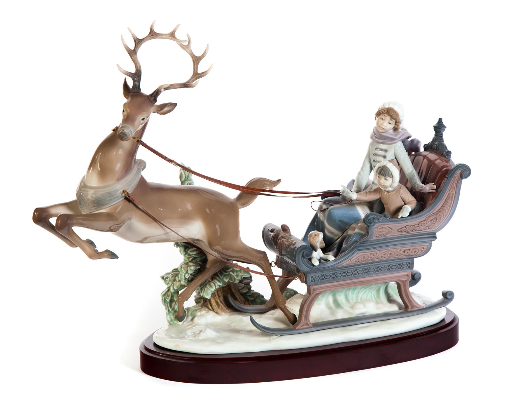 Appraisal: LLADRO FIGURAL GROUP OF REINDEER AND SLEIGH ON WOODEN BASE