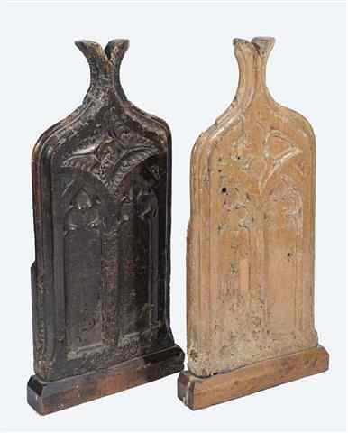 Appraisal: TWO MEDIEVAL CARVED PEW ENDS with Gothic arch decoration high