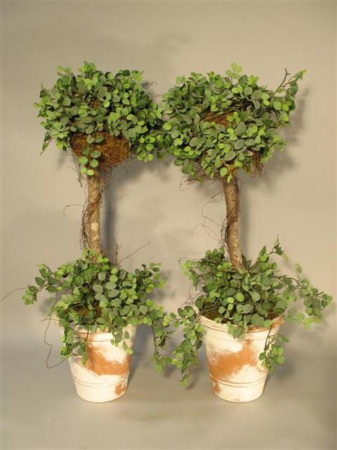 Appraisal: PAIR OF FAUX TOPIARY TREES Each planted in leafy-filled white-painted