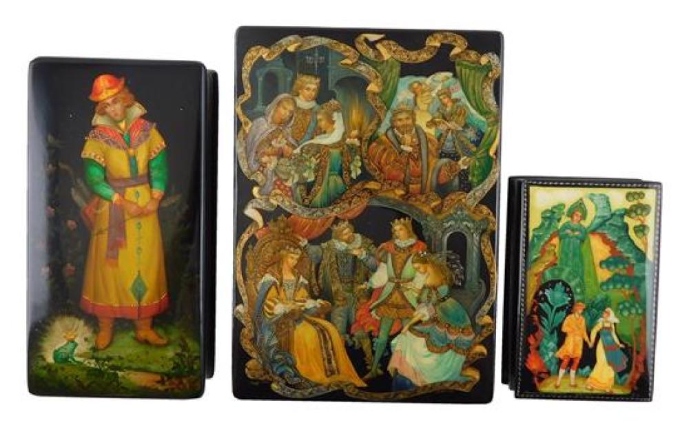 Appraisal: Russian hand-painted lacquer boxes group of three fairy-tale themed details