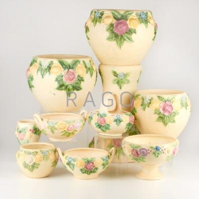 Appraisal: ROSEVILLE Rozane ten pieces four jardinieres pedestal basket vase and