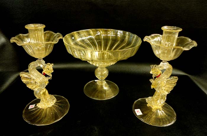 Appraisal: THREE PIECE VENETIAN GLASS CONSOLE SET with two matching figural