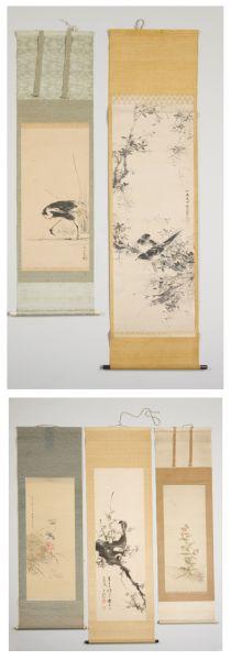 Appraisal: Five Signed Antique Japanese Watercolor Scrolls avian and floral themes