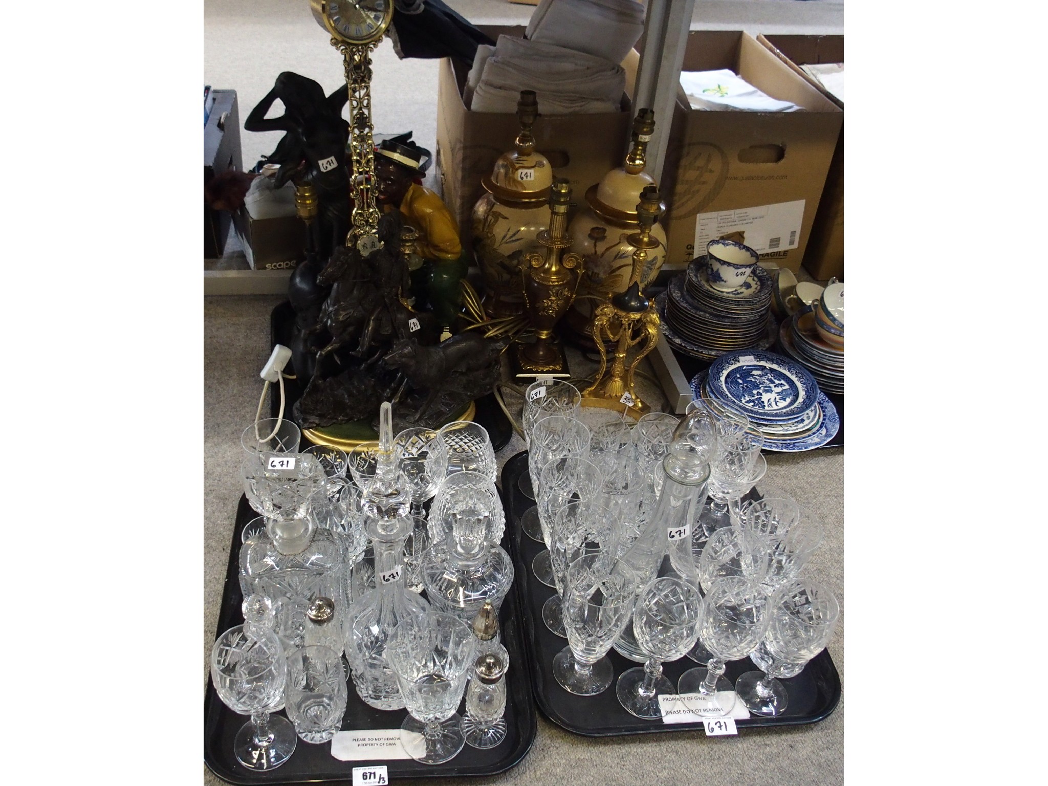 Appraisal: Three trays comprising various cut glass stemware decanters etc resin