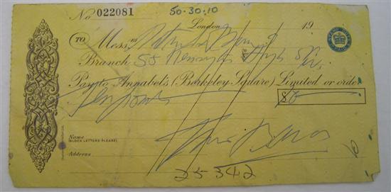 Appraisal: Francis Bacon signed cheque No A cheque for payable to