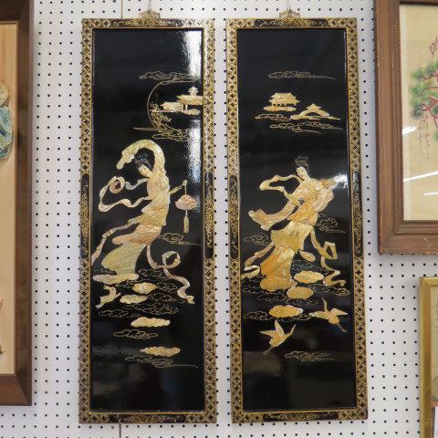 Appraisal: Pair of Chinese Lacquerware Plaques carved abalone godess and animal