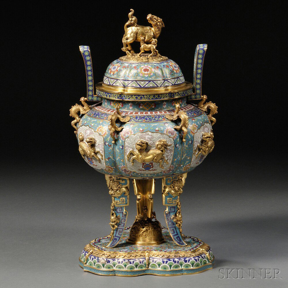 Appraisal: Tripod Cloisonne Covered Censer with Stand China th century hexagonal