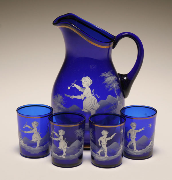 Appraisal: Mary Gregory cobalt art glass pitcher and four tumblers the