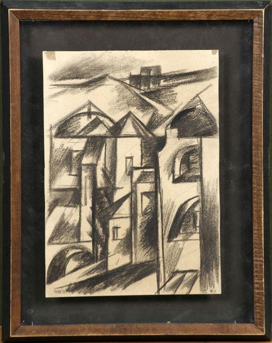 Appraisal: After Lyonel Feininger Architectural Landscape Mixed media on paper signed