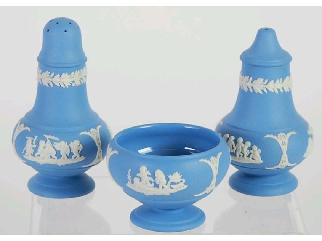 Appraisal: MODERN WEDGWOOD THREE PIECE PALE BLUE JASPERWARE POTTERY CONDIMENT SET