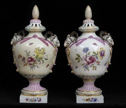 Appraisal: PAIR OF BERLIN PORCELAIN LARGE URNS AND COVERS Underglaze blue