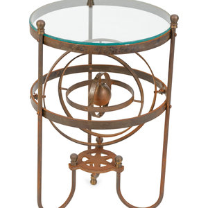 Appraisal: A Wrought Iron Glass-Top Side Table with a Gimbal Stretcher