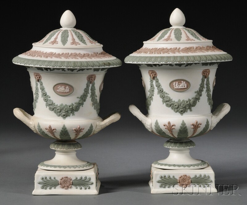 Appraisal: Pair of Wedgwood Three-color Jasper Vases and Covers England c