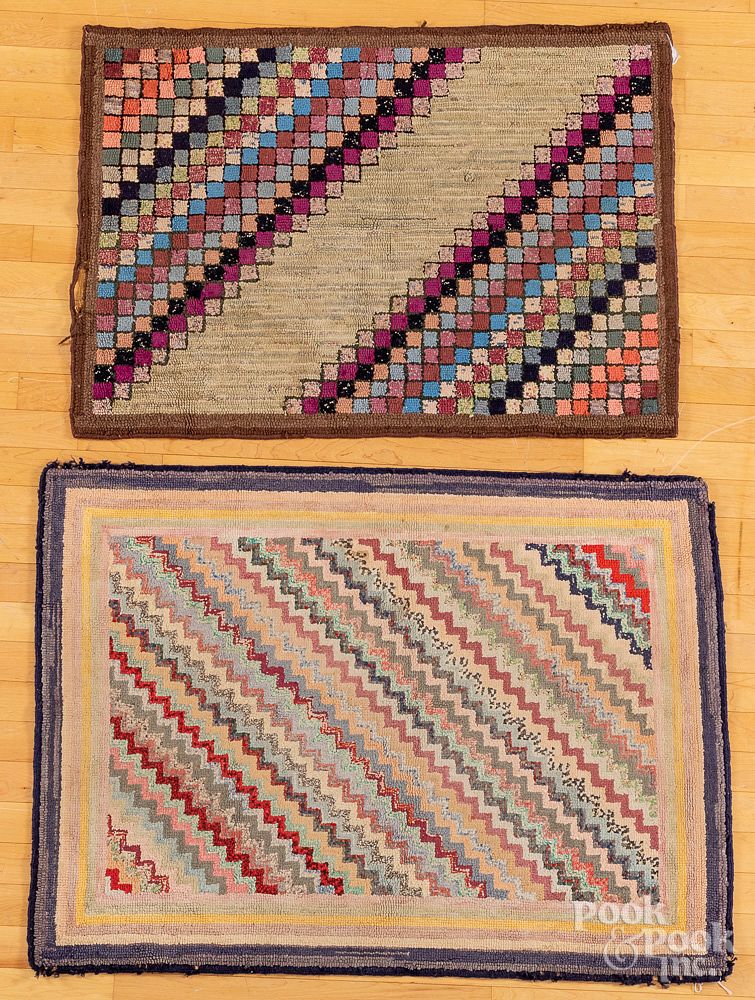 Appraisal: Two geometric hooked rugs Two geometric hooked rugs early th