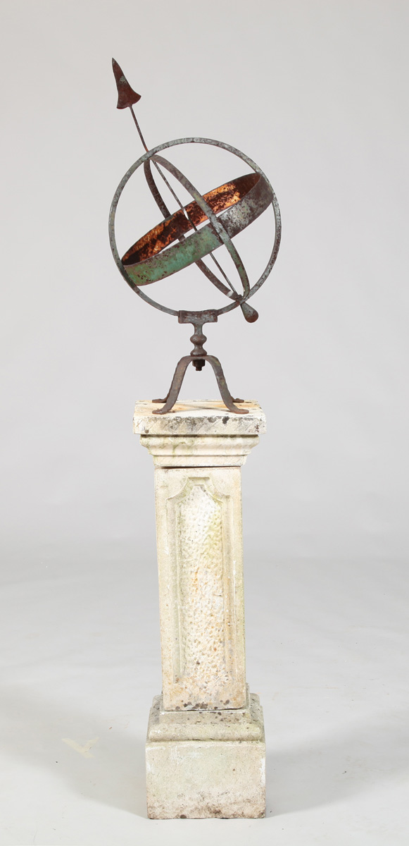 Appraisal: ENGLISH PAINTED WROUGHT-IRON ARMILLARY SPHERE ON CAST-STONE PEDESTAL The sphere