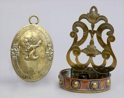 Appraisal: BRASS-MOUNTED COPPER WALL LIGHT AND A TABARD BADGE OF THE