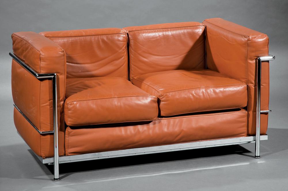 Appraisal: Corbusier-Style Chromed Steel and Leather Two Seat LC -Style Sofa