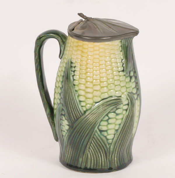 Appraisal: Majolica syrup tankard pitcher corn pattern hinged metal pewter lid