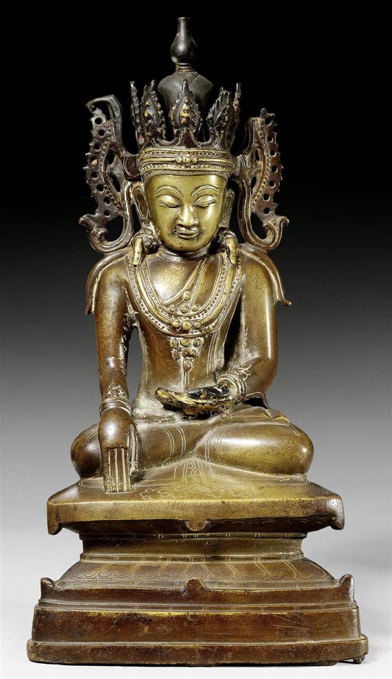 Appraisal: A BRONZE FIGURE OF THE CROWNED BUDDHA WITH EXCELLENT FACE