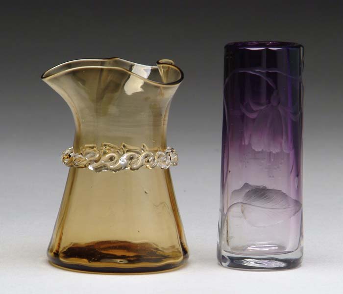 Appraisal: TWO ART GLASS VASES Moser intaglio cut vase with floral