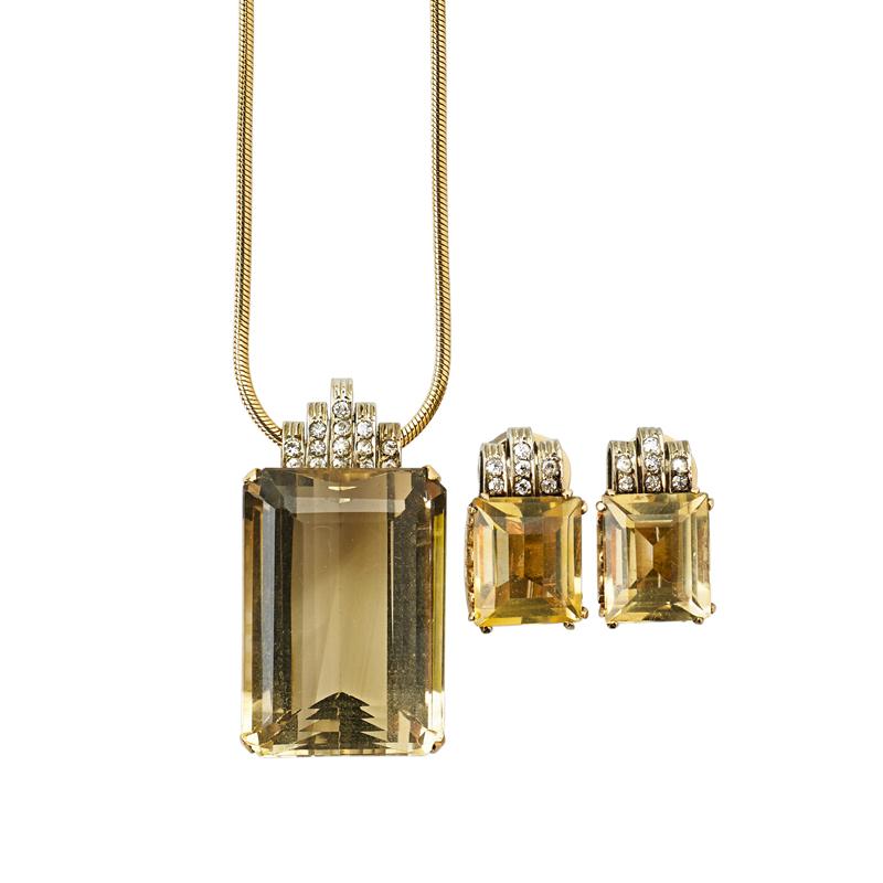 Appraisal: CITRINE AND DIAMOND GOLD AND PLATINUM SUITE Pendant on chain