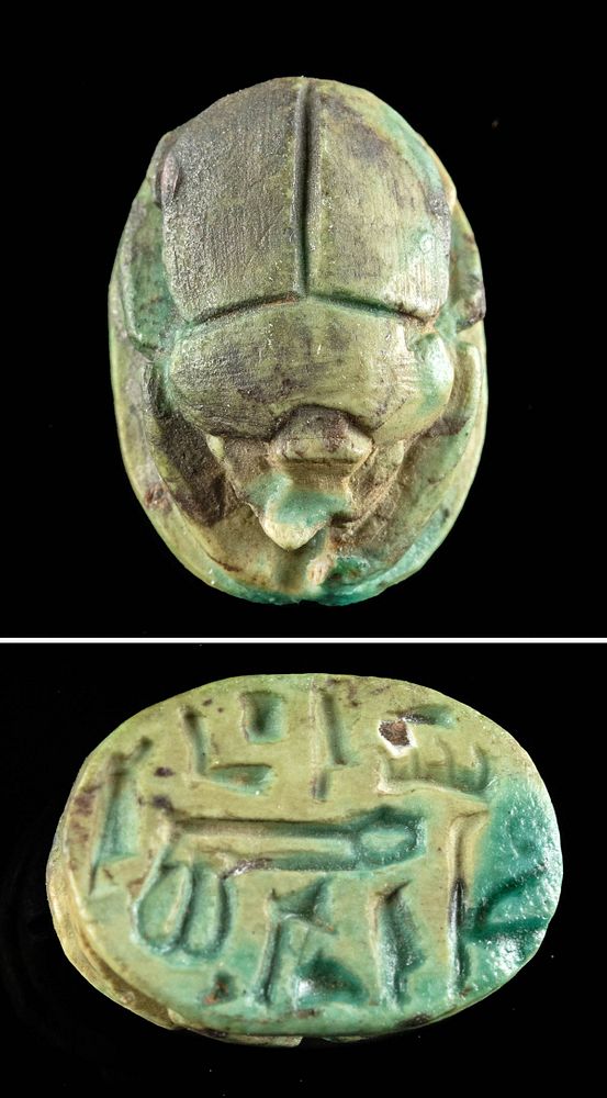 Appraisal: Egyptian Glazed Steatite Erotic Scarab for Amenemope Ancient Egypt Third