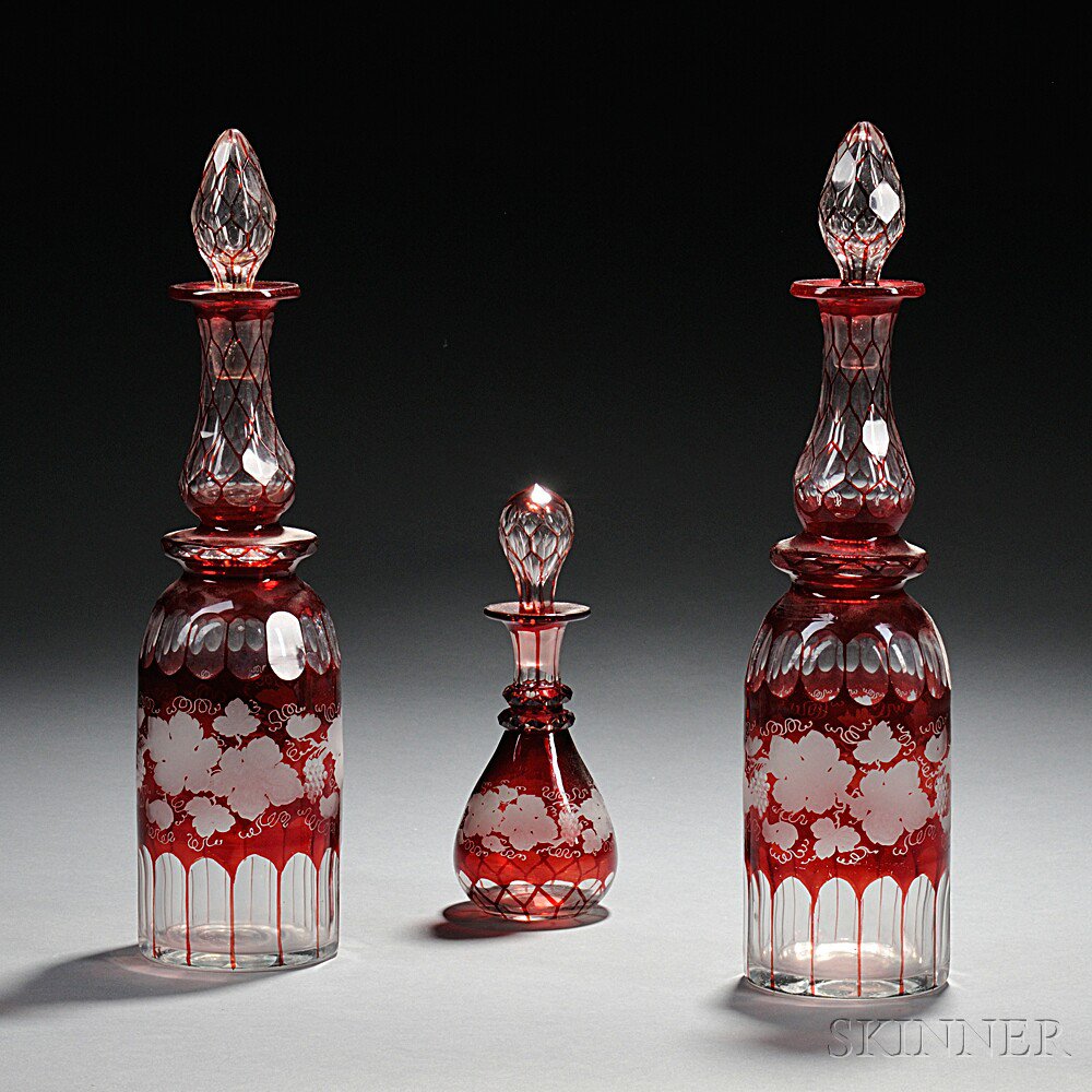 Appraisal: Three Pieces of Ruby-to-Clear Cut and Etched Glass late th