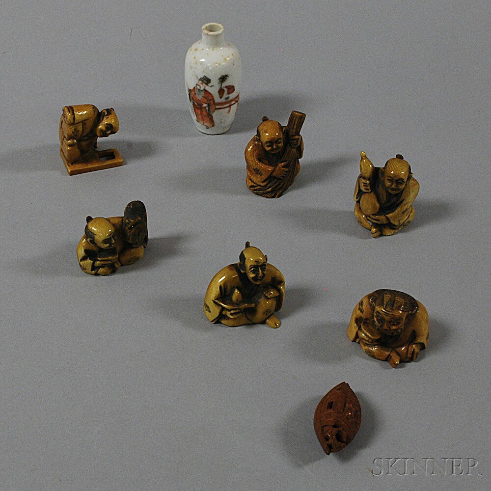 Appraisal: Group of Netsuke and a Snuff Bottle China th century