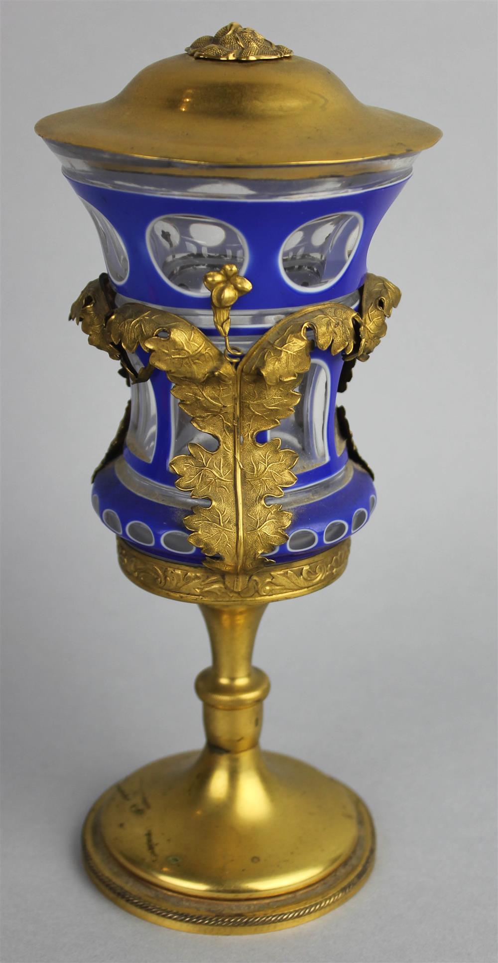 Appraisal: RUSSIAN SILVER GILT MOUNTED BLUE OVERLAY GLASS COVERED GOBLET assayer's