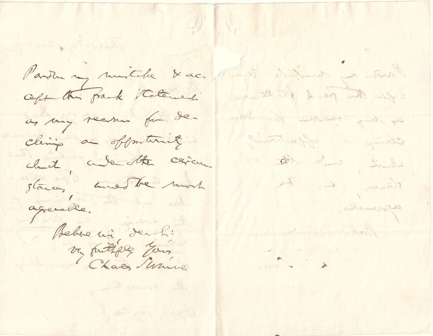 Appraisal: SUMNER CHARLES Autograph Note Signed to a Mr Taylor apologizing