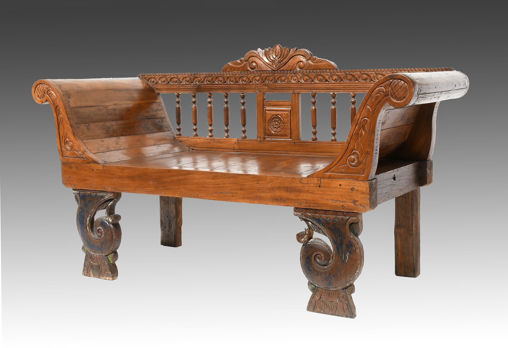 Appraisal: TH CENTURY SOUTH AMERICAN BENCH Carved foliate crest rail overturned