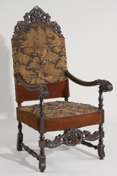 Appraisal: Continental Great Chair th c carved walnut frame tall carved