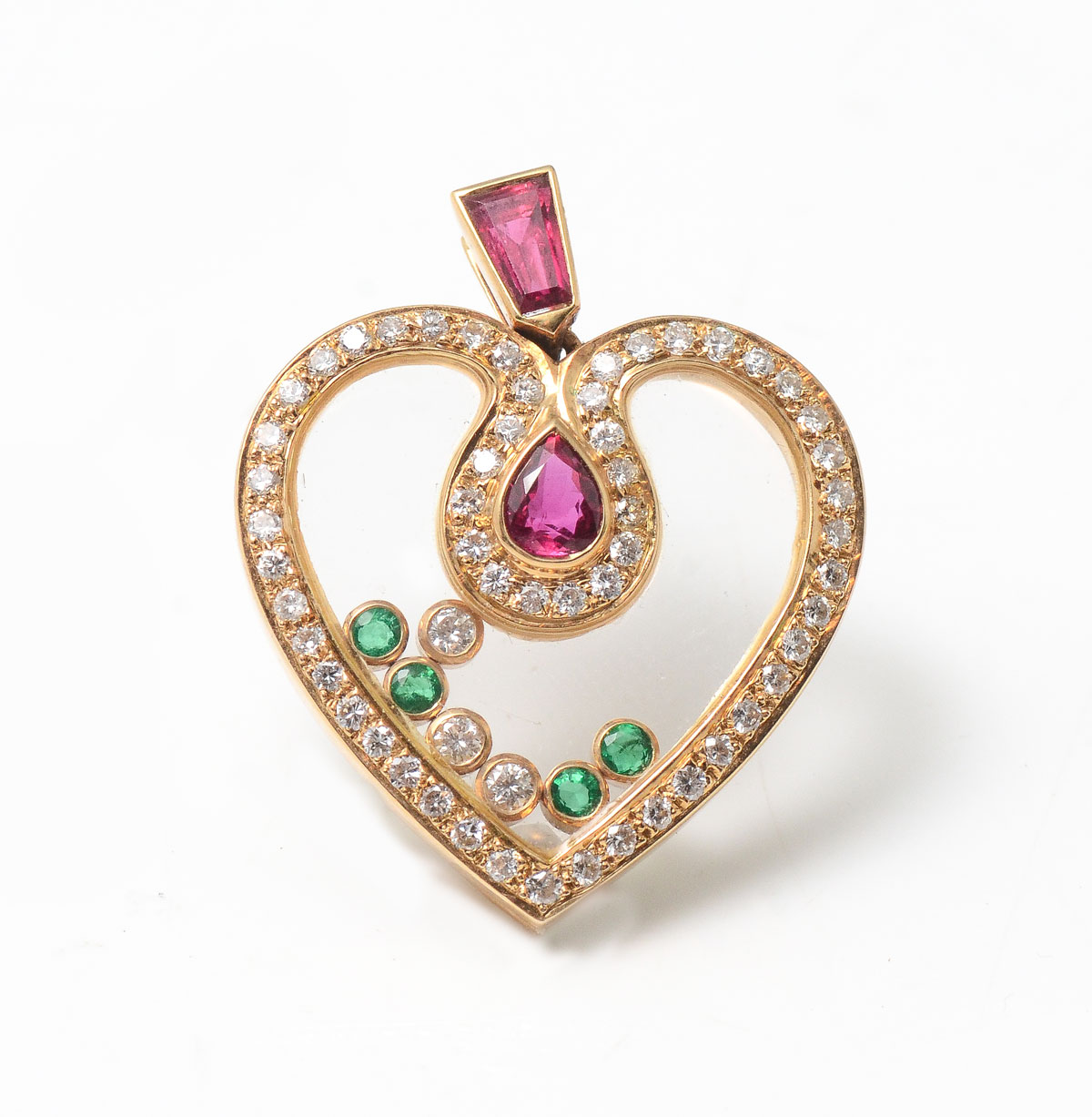 Appraisal: K DIAMOND RUBY EMERALD HEART PENDANT K yellow gold floating